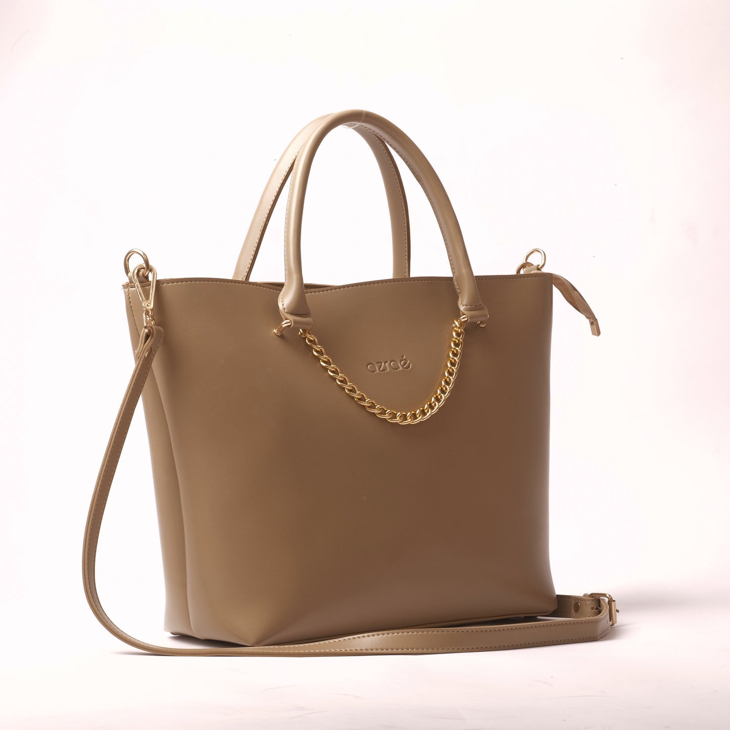 Azraè Beige Micro Rexine Handbag Set with Gold Chain Detail and Pouch