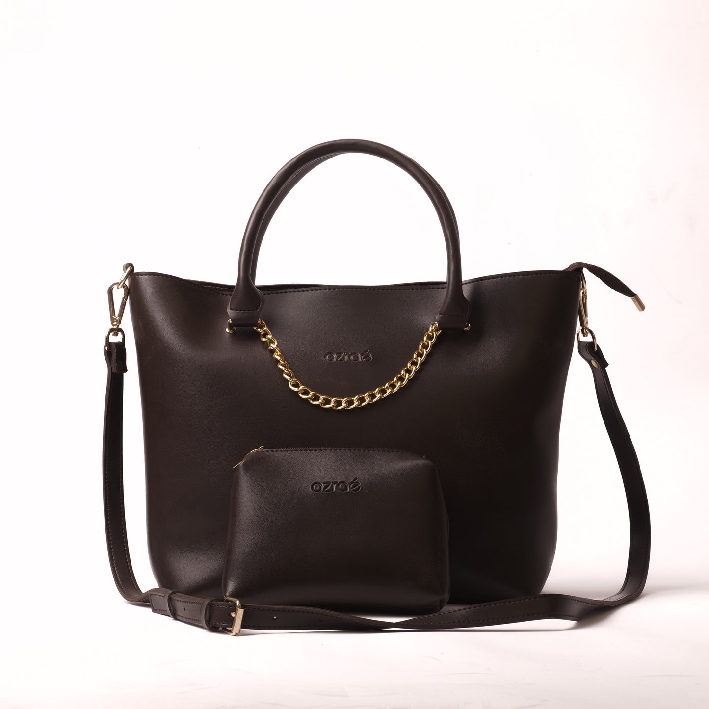 Azraè Chocolate Brown Micro Rexine Tote Bag with Pouch