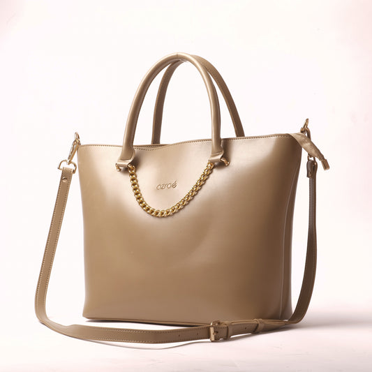 Azraè Beige Micro Rexine Handbag Set with Gold Chain Detail and Pouch