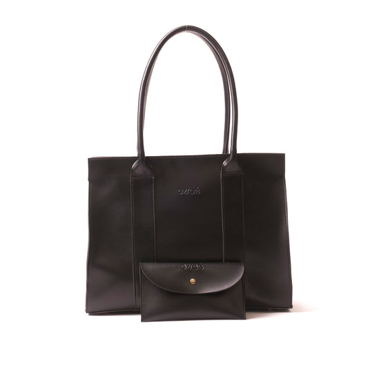 Azraè Elegant Black Micro Rexine Tote Bag with Matching Pouch