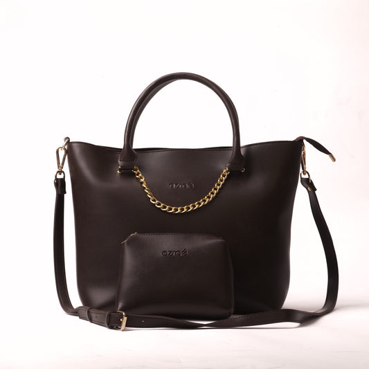 Azraè Chocolate Brown Micro Rexine Tote Bag with Pouch