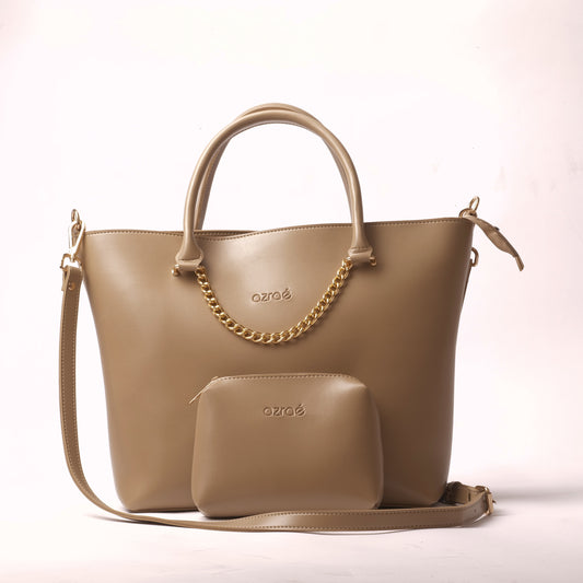 Azraè Beige Micro Rexine Handbag Set with Gold Chain Detail and Pouch